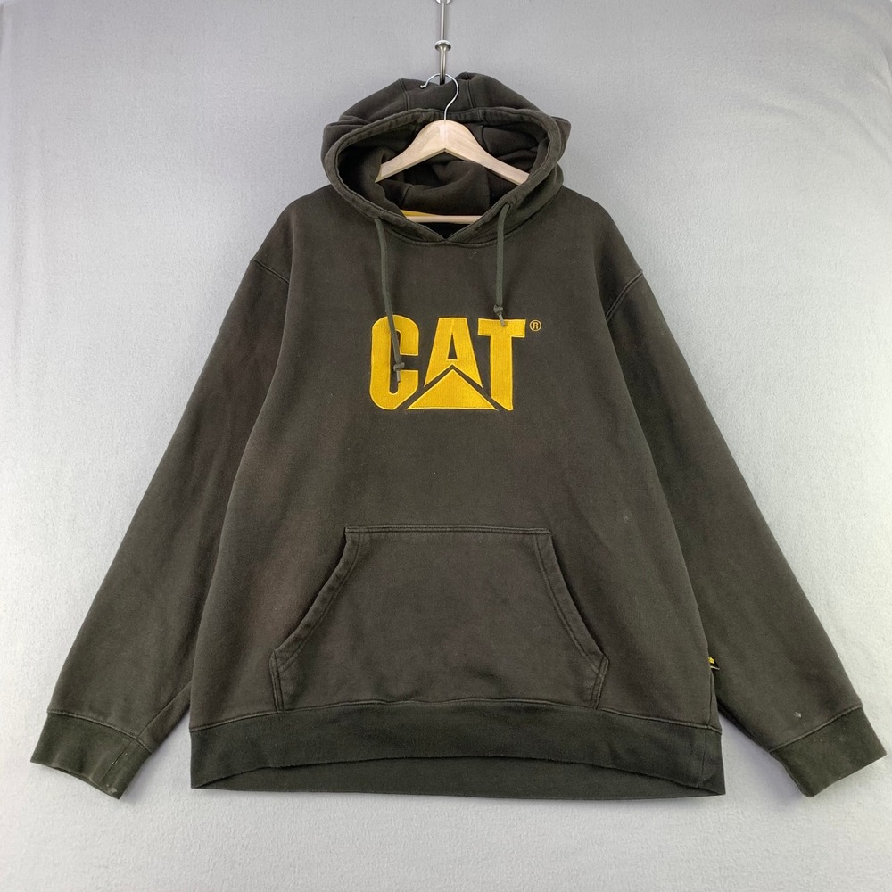 CAT Caterpillar Hoodie Men XXL Brown Heavyweight Fleece Pullover Thick Workwear